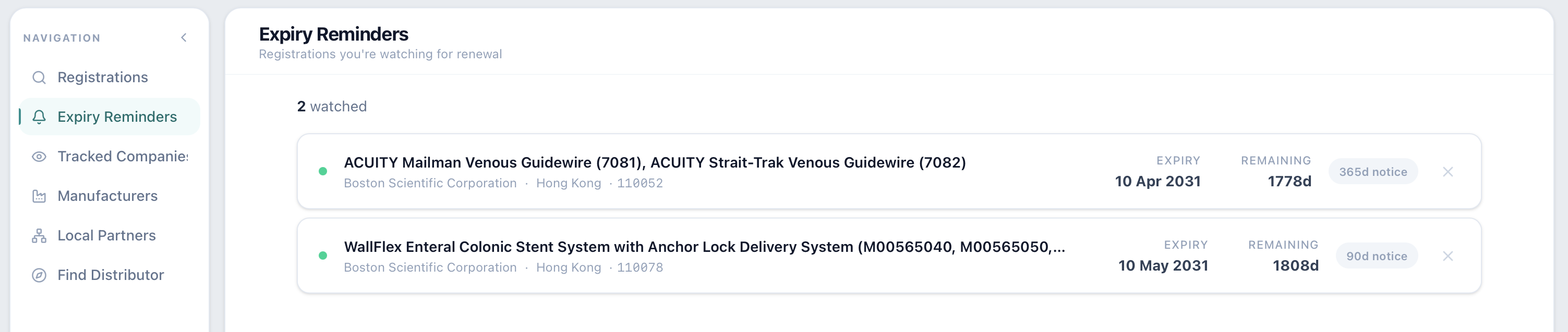 Expiry Reminders page showing watched registrations with days remaining